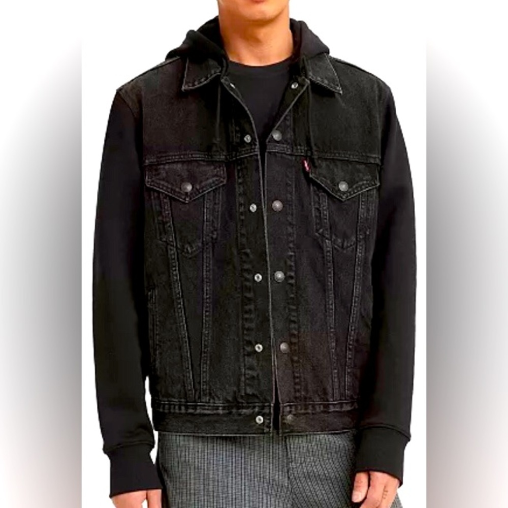 Levi’s Relaxed Fit Hybrid Hooded Trucker Jean Jacket Large Black Denim Fall NEW